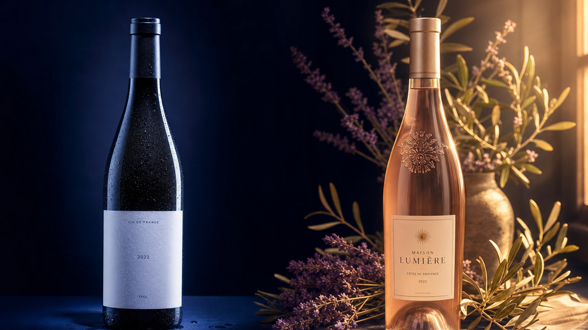 To vinflasker side om side — én kold og steril, én varm med lavendel og Provence-lys