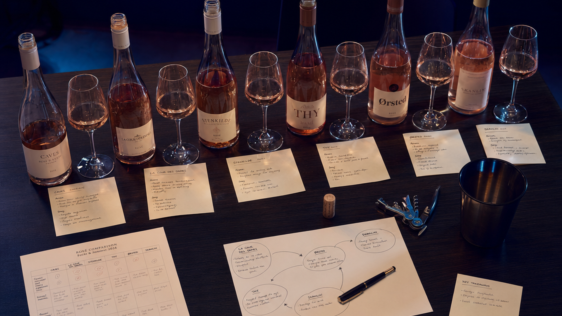 Et professionelt vin-smagningsbord med forskellige rosé-flasker og sammenligningsnoter