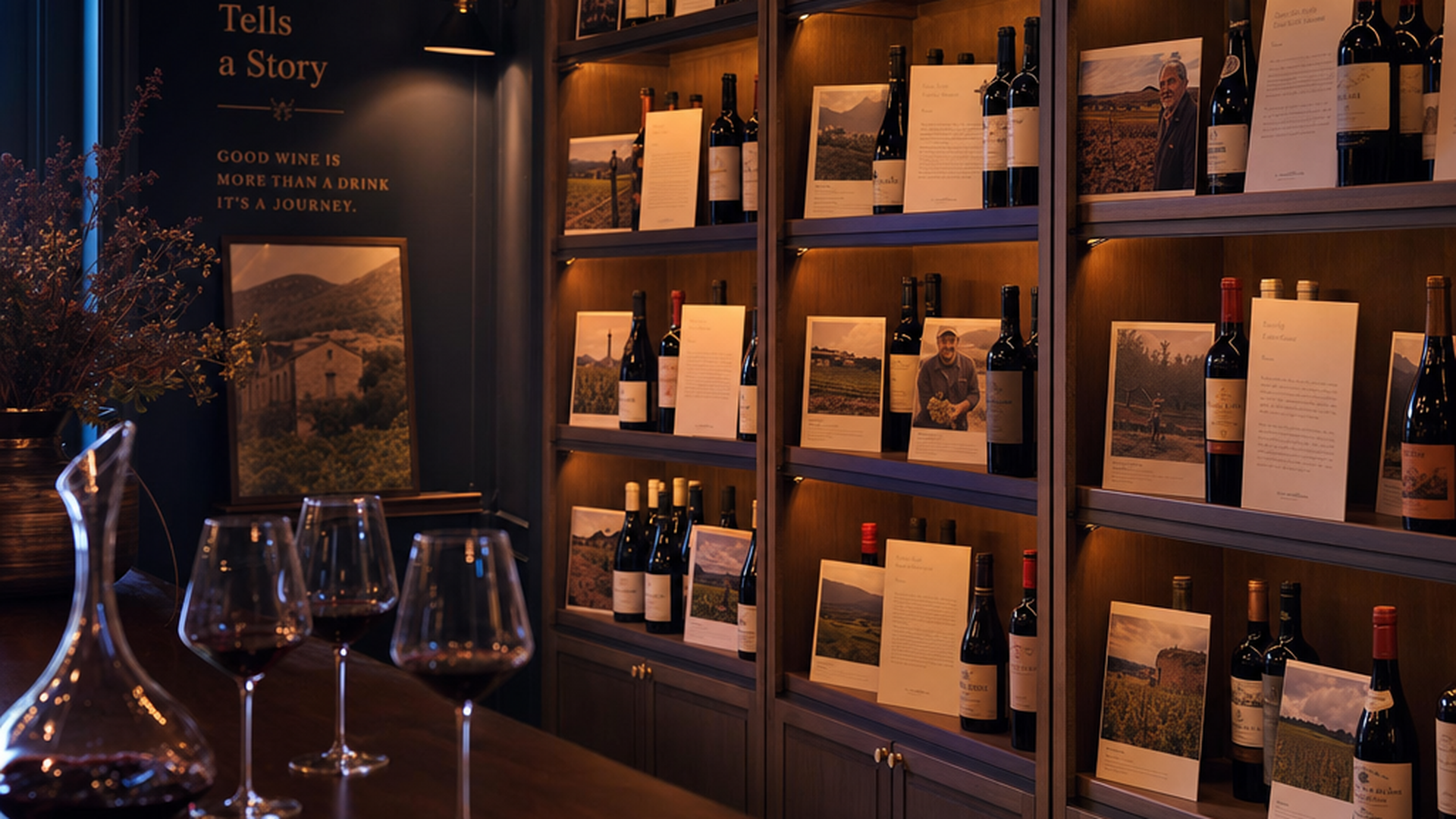 En smuk vinhandel hvor flasker står med historie-kort og vineyard-fotos