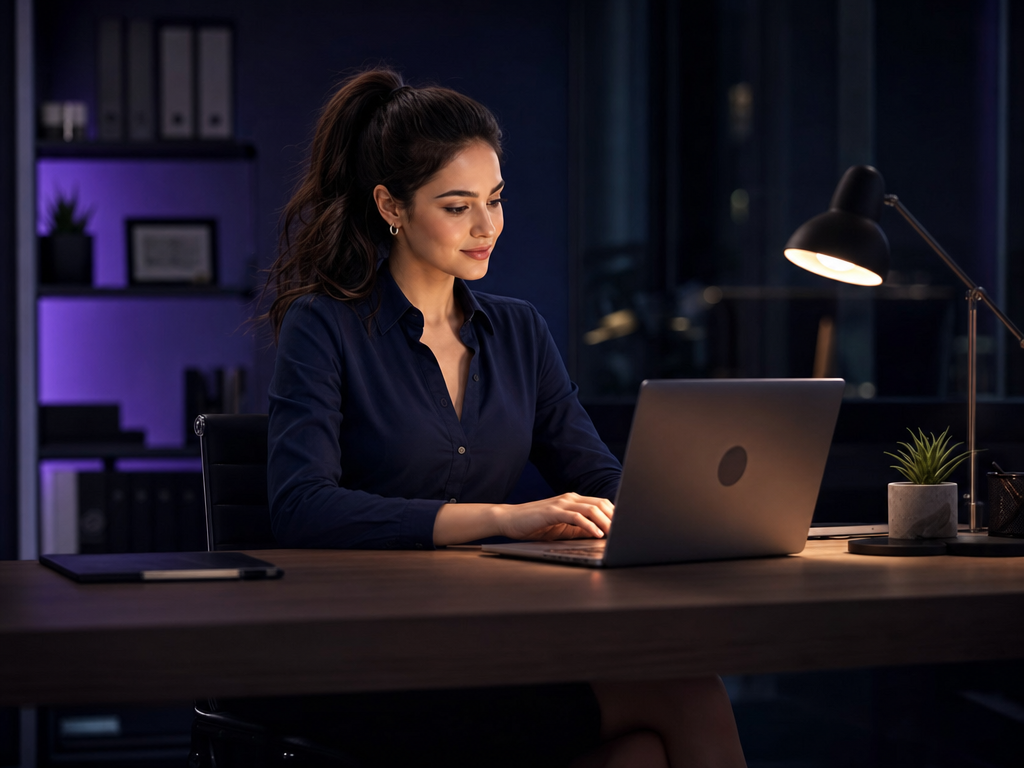 Mia arbejder koncentreret ved sit skrivebord