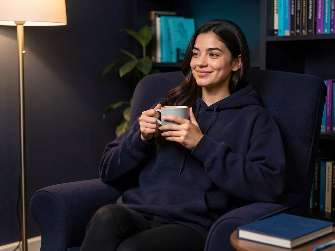 Mia sidder tilfreds med én kaffekop i hænderne, notesbogen lukket — samtalen er færdig, et roligt smil