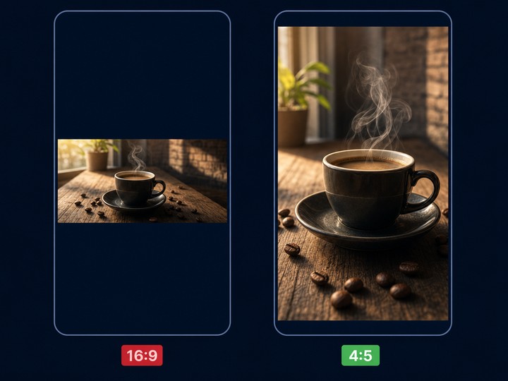 Samme motiv i horisontalt og vertikalt format i en mobil ramme — viser hvorfor 4:5 vertical fylder mere pa skærmen