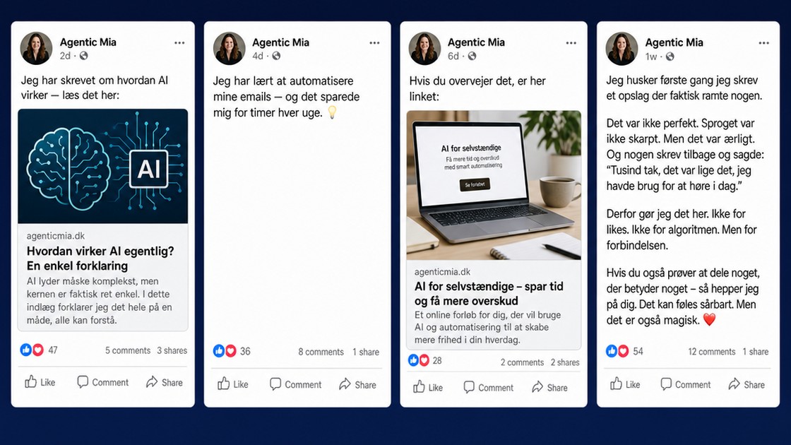 Fire konkrete Facebook opslag der viser forskellen på blog deling, indsigt, tilbud og historie — med dansk tekst