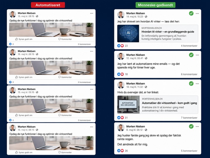 Sammenligning af to Facebook feeds: venstre fyldt med identiske opslag uden interaktion, hojre med unikke opslag med menneskelig godkendelse — dansk tekst